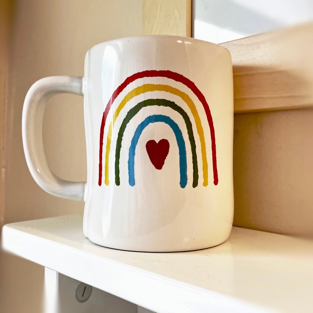 Rae Dunn White Ceramic Mug with Rainbow Heart Design (red, yellow, green, blue)
